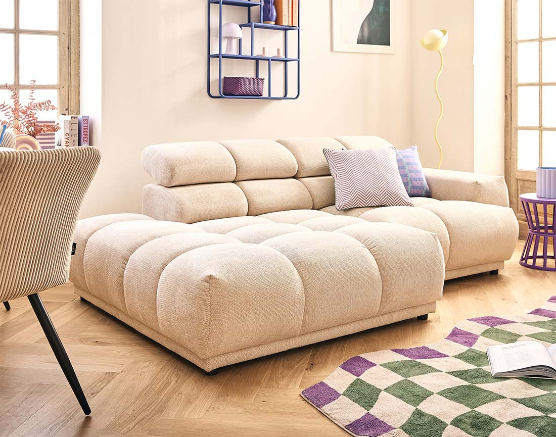 Canapé d'angle gauche 4 places avec têtières réglables en tissu texturé Matera