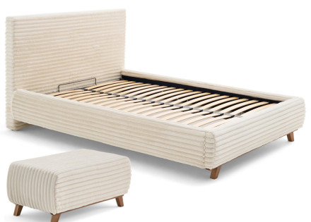 Lit coffre avec bout de lit 180x200 cm sommier inclus fausse fourrure côtelé Cristal