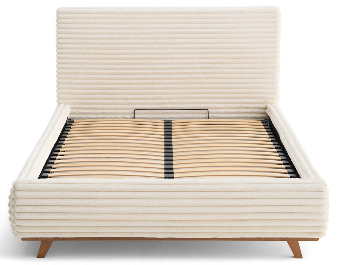Lit coffre avec bout de lit 180x200 cm sommier inclus fausse fourrure côtelé Cristal