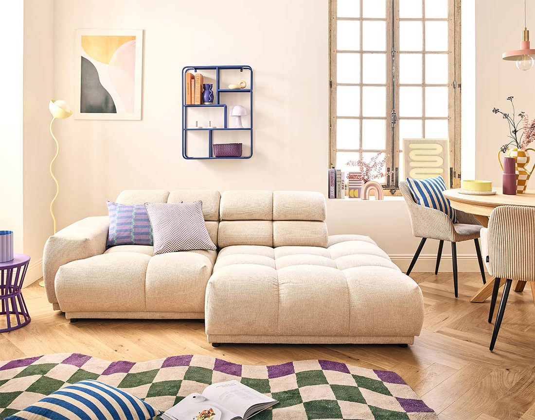 Canapé d'angle droit 3 places avec têtières réglables en tissu texturé Matera Canapé d'angle droit 3 places avec têtières réglables en tissu texturé Matera