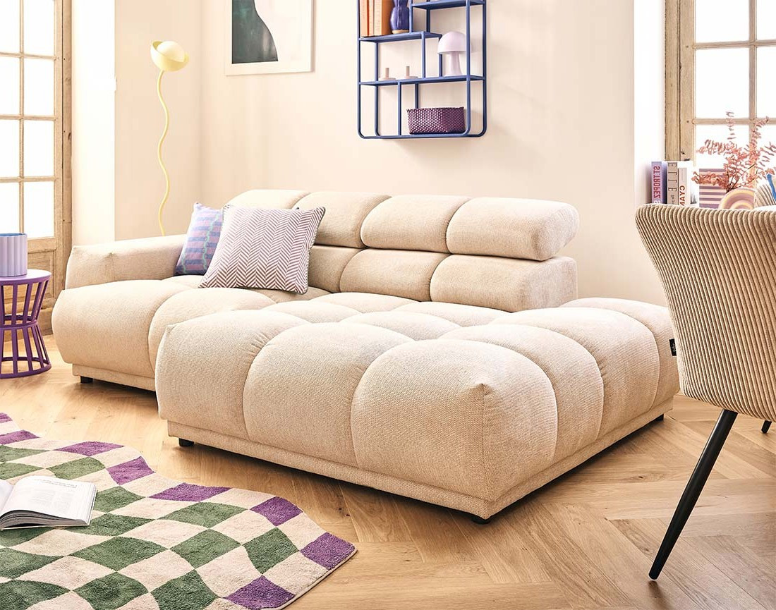 Canapé d'angle droit 3 places avec têtières réglables en tissu texturé Matera Canapé d'angle droit 3 places avec têtières réglables en tissu texturé Matera