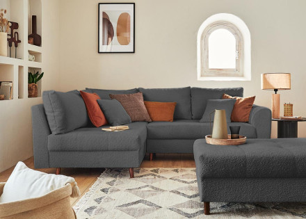 Canapé d'angle gauche 4 places avec pouf d'appoint en tissu bouclette Rune