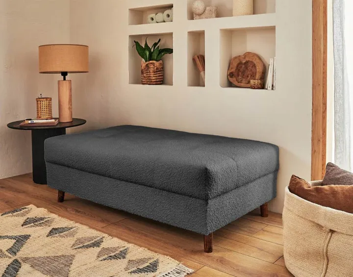 Canapé d'angle droit 4 places avec pouf d'appoint en tissu bouclette Rune