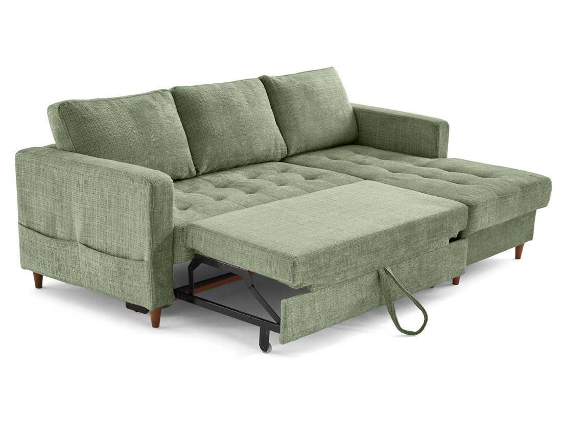 Canapé d'angle droit 4 places convertible avec coffre en velours texturé Anna