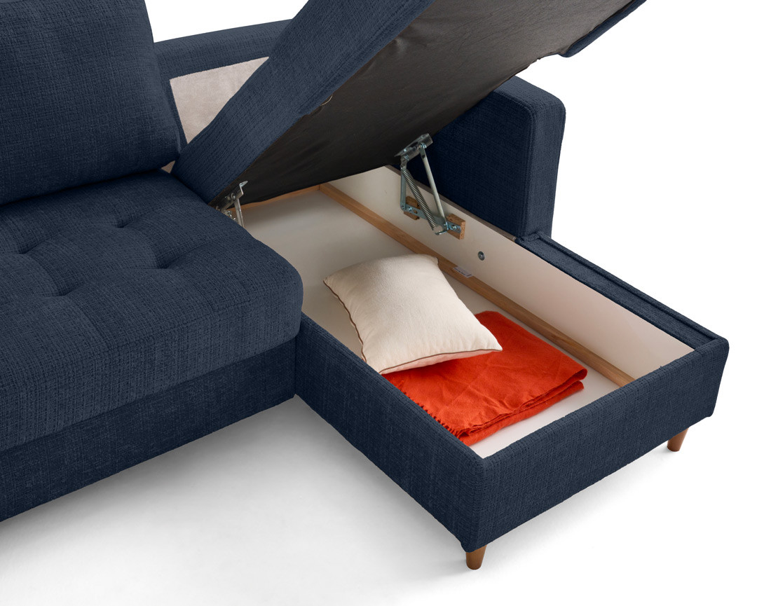 Canapé d'angle droit 4 places convertible avec coffre en velours texturé Anna