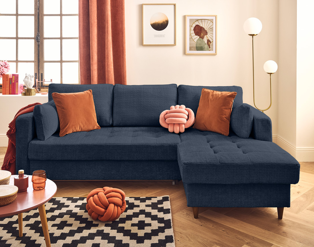 Canapé d'angle droit 4 places convertible avec coffre en velours texturé Anna