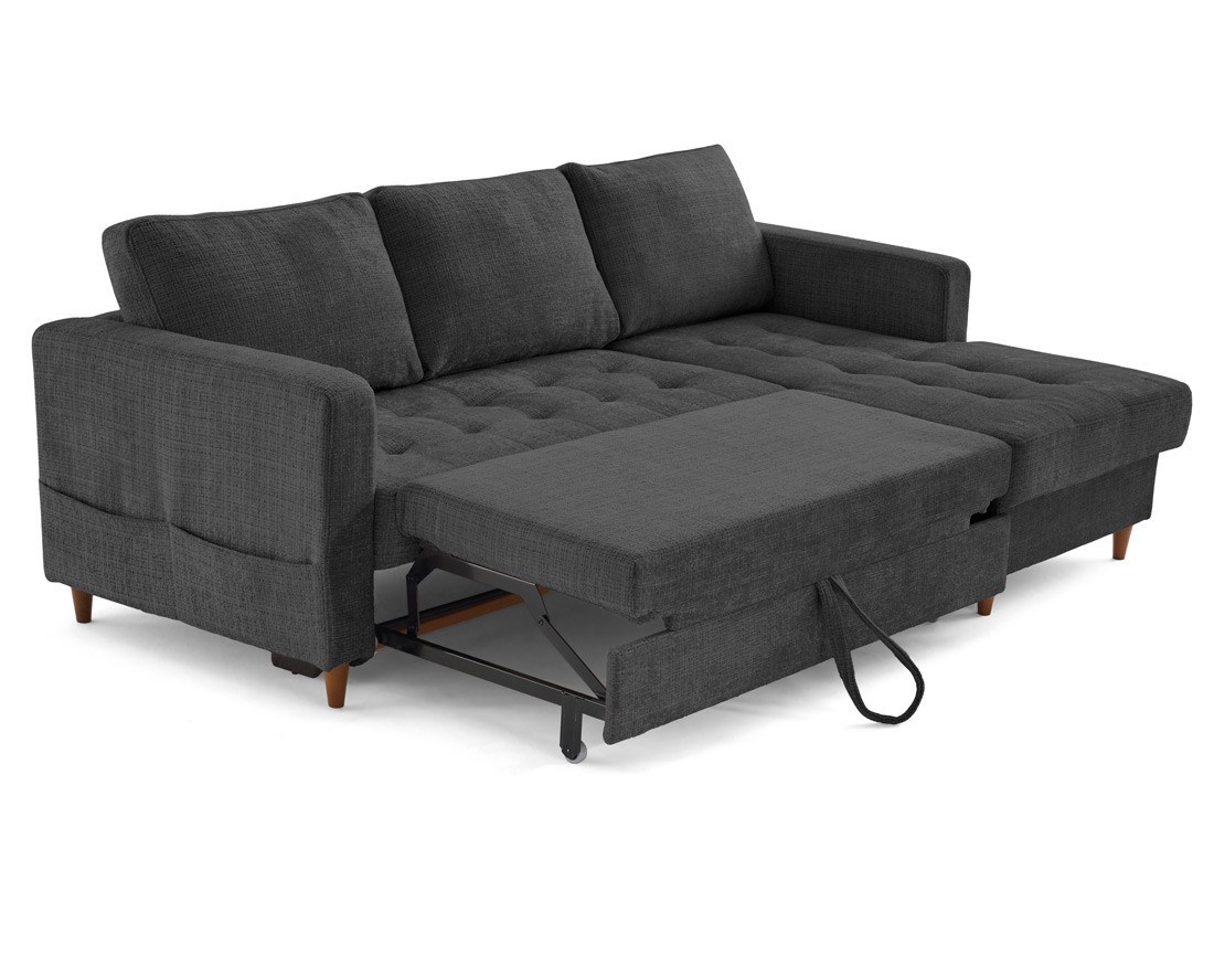 Canapé d'angle droit 4 places convertible avec coffre en velours texturé Anna