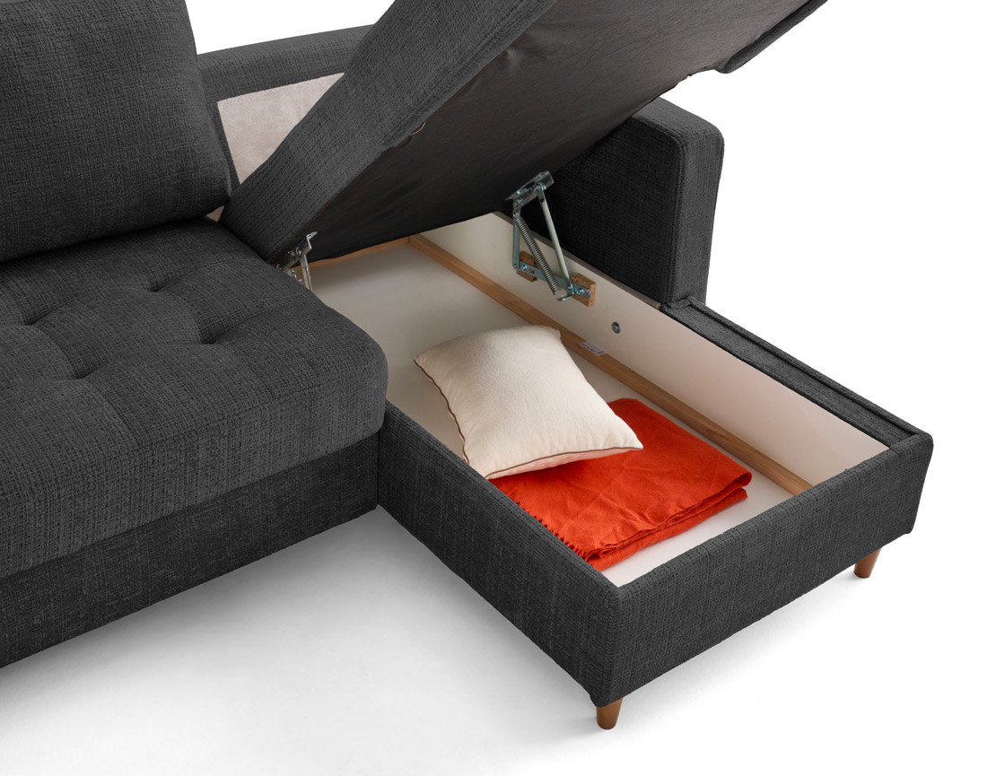 Canapé d'angle droit 4 places convertible avec coffre en velours texturé Anna