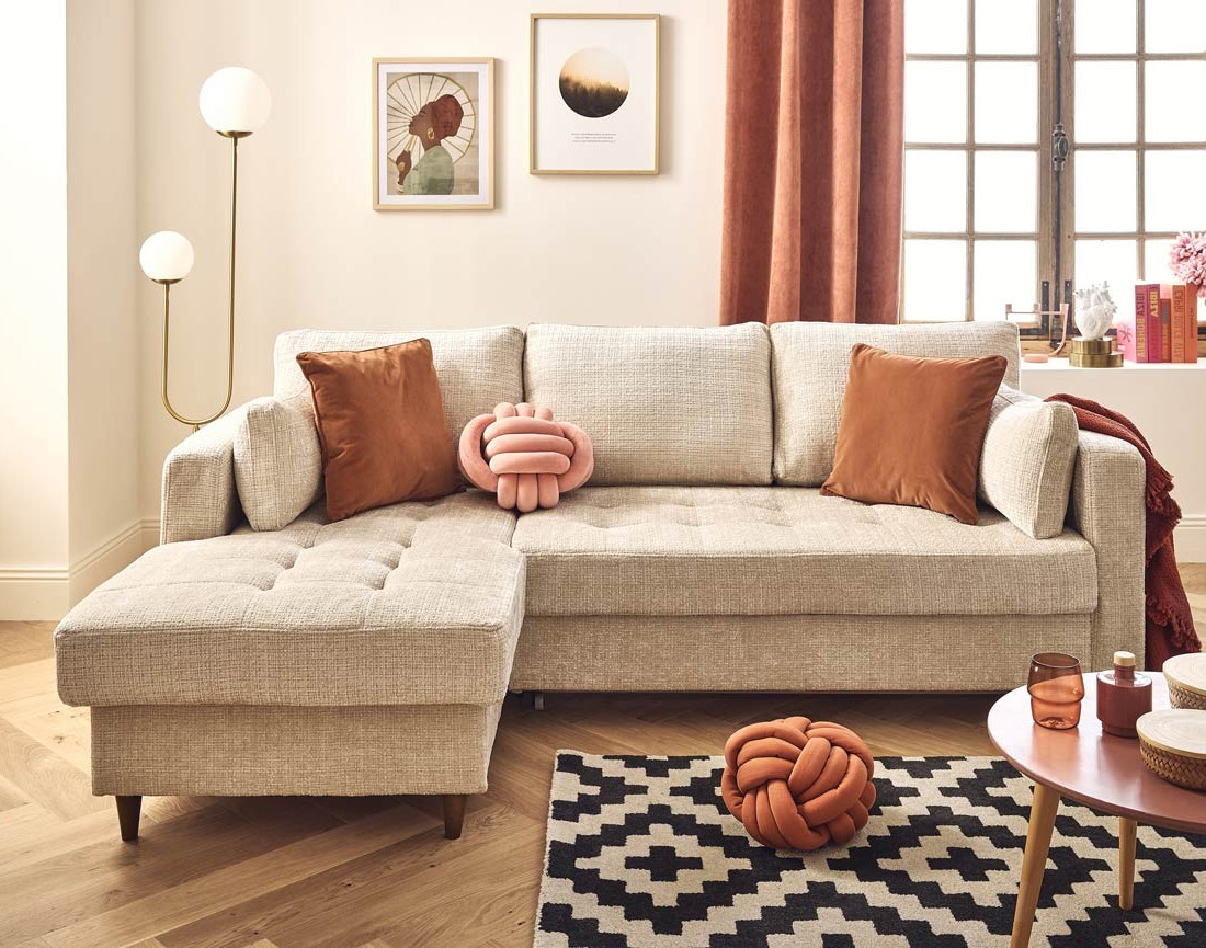 Canapé d'angle gauche 4 places convertible avec coffre en velours texturé Anna Canapé d'angle gauche 4 places convertible avec coffre en velours texturé Anna