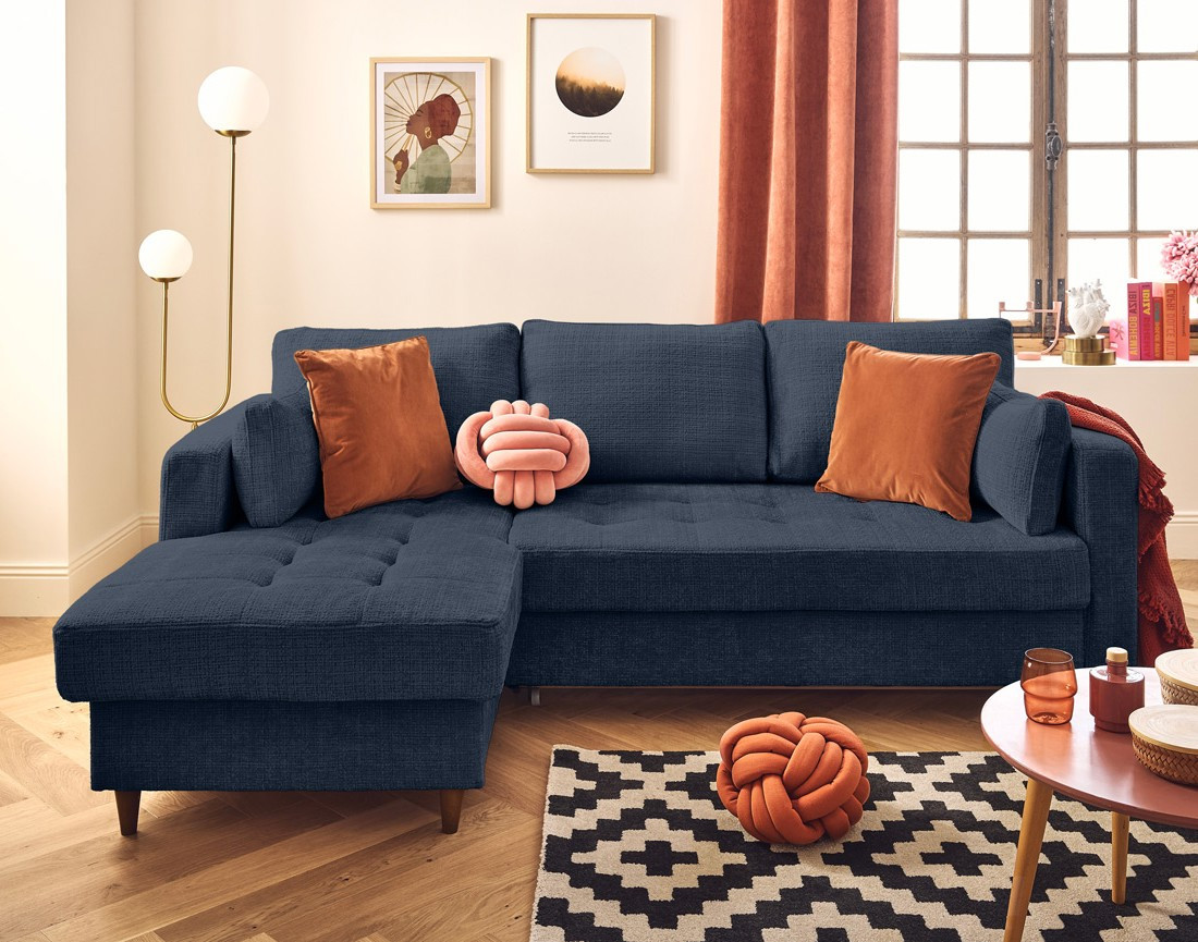 Canapé d'angle gauche 4 places convertible avec coffre en velours texturé Anna