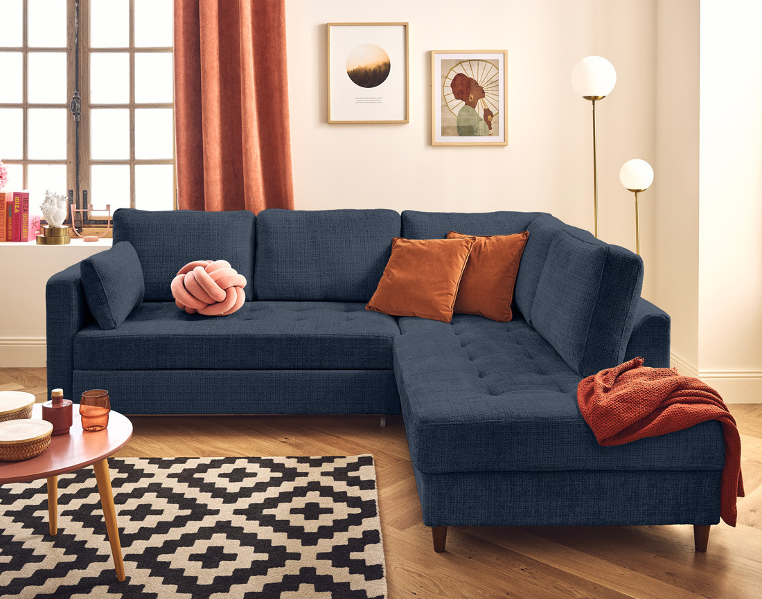 Canapé d'angle droit 5 places convertible en velours texturé Anna