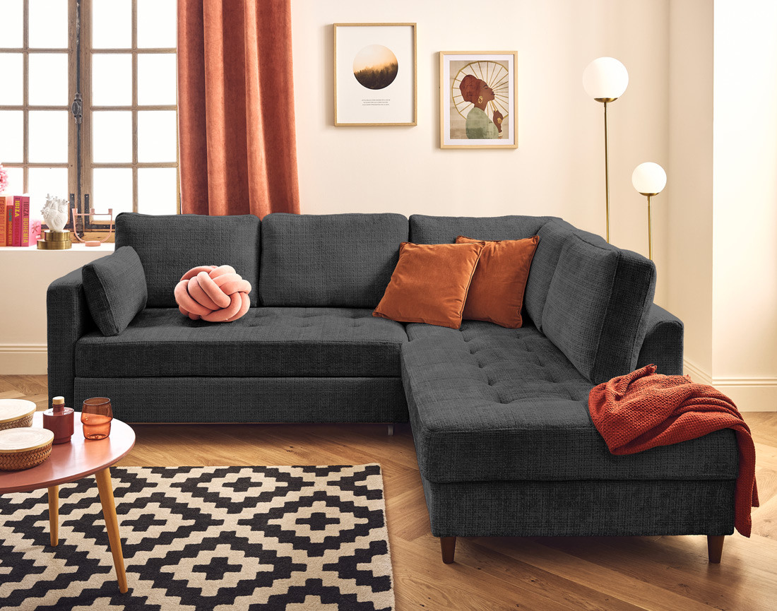 Canapé d'angle droit 5 places convertible en velours texturé Anna