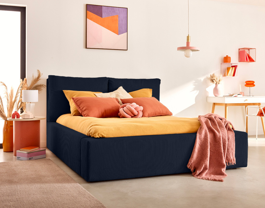 Lit coffre 140x190 en velours côtelé sommier inclus Pivoine