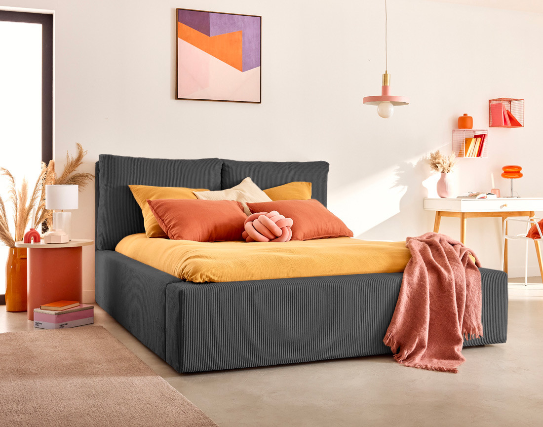 Lit coffre 180x200 en velours côtelé sommier inclus Pivoine