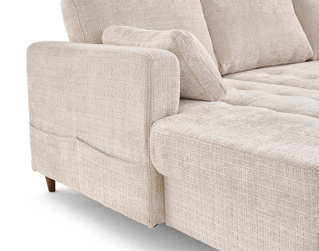 Canapé panoramique d'angle droit 7 places convertible avec coffre en velours texturé Anna