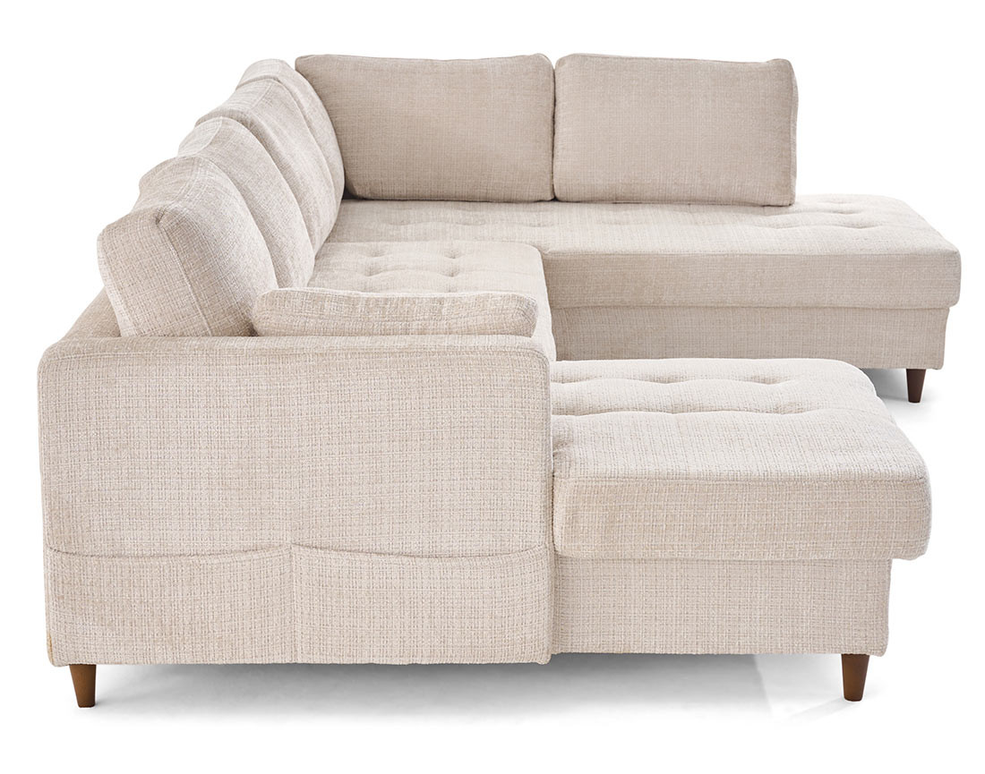 Canapé panoramique d'angle droit 7 places convertible avec coffre en velours texturé Anna