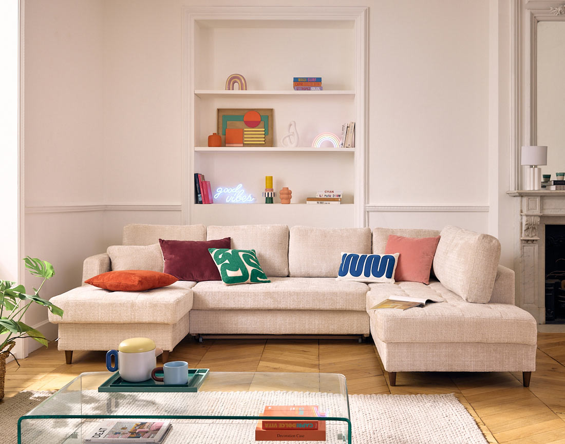 Canapé panoramique d'angle droit 7 places convertible avec coffre en velours texturé Anna