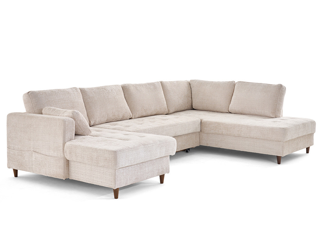 Canapé panoramique d'angle droit 7 places convertible avec coffre en velours texturé Anna