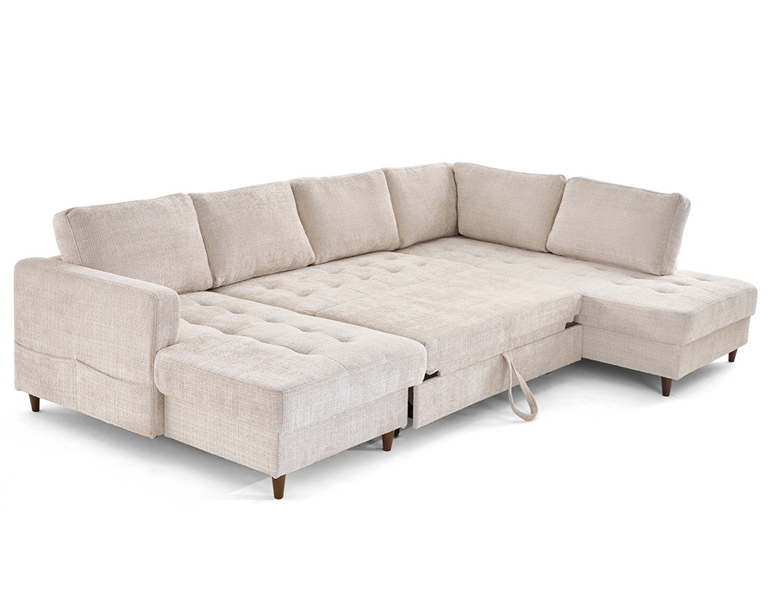 Canapé panoramique d'angle droit 7 places convertible avec coffre en velours texturé Anna