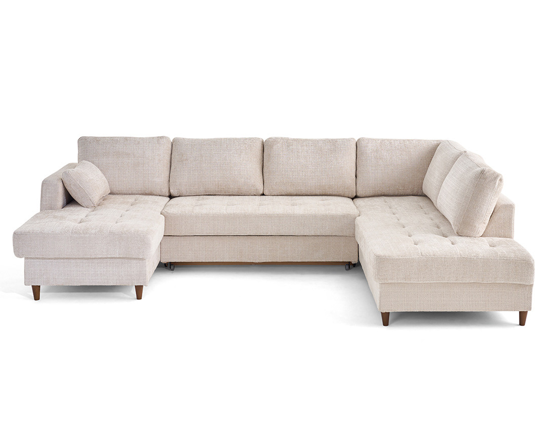 Canapé panoramique d'angle droit 7 places convertible avec coffre en velours texturé Anna