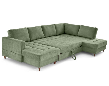 Canapé panoramique d'angle droit 7 places convertible avec coffre en velours texturé Anna