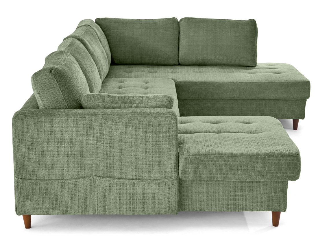 Canapé panoramique d'angle droit 7 places convertible avec coffre en velours texturé Anna