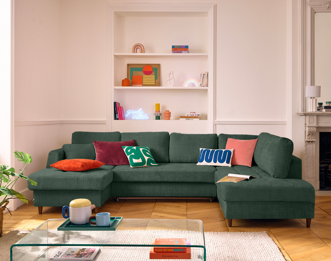 Canapé panoramique d'angle droit 7 places convertible avec coffre en velours texturé Anna