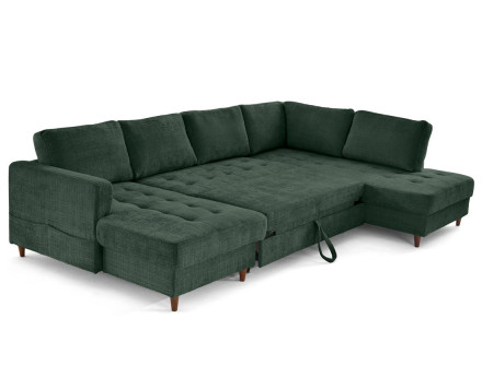 Canapé panoramique d'angle droit 7 places convertible avec coffre en velours texturé Anna