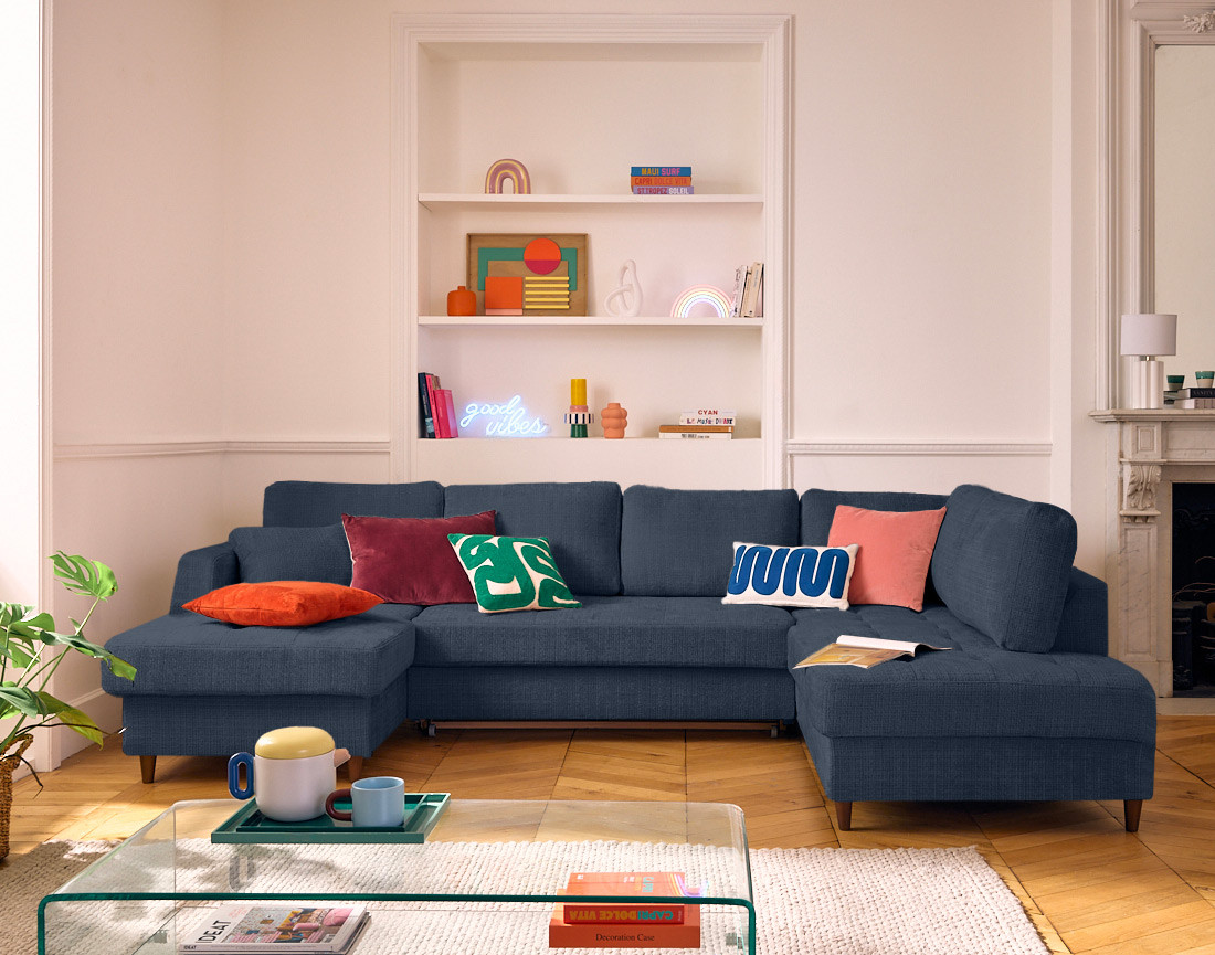 Canapé panoramique d'angle droit 7 places convertible avec coffre en velours texturé Anna