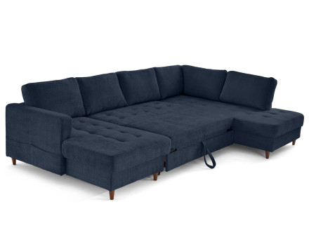 Canapé panoramique d'angle droit 7 places convertible avec coffre en velours texturé Anna