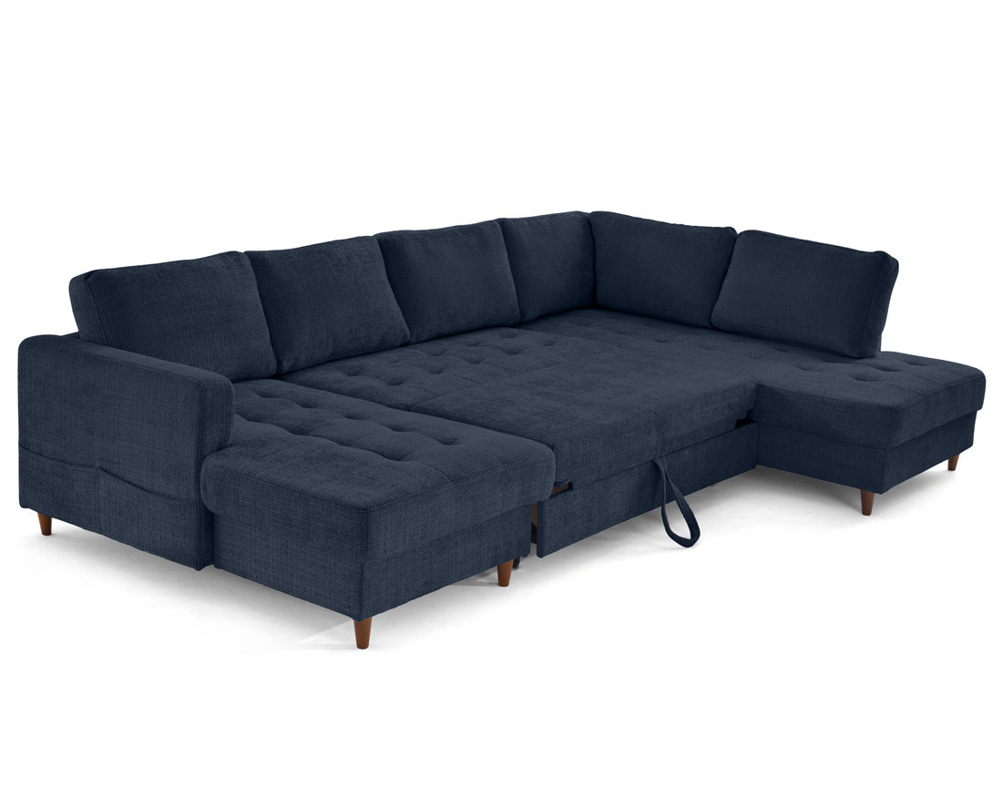 Canapé panoramique d'angle droit 7 places convertible avec coffre en velours texturé Anna