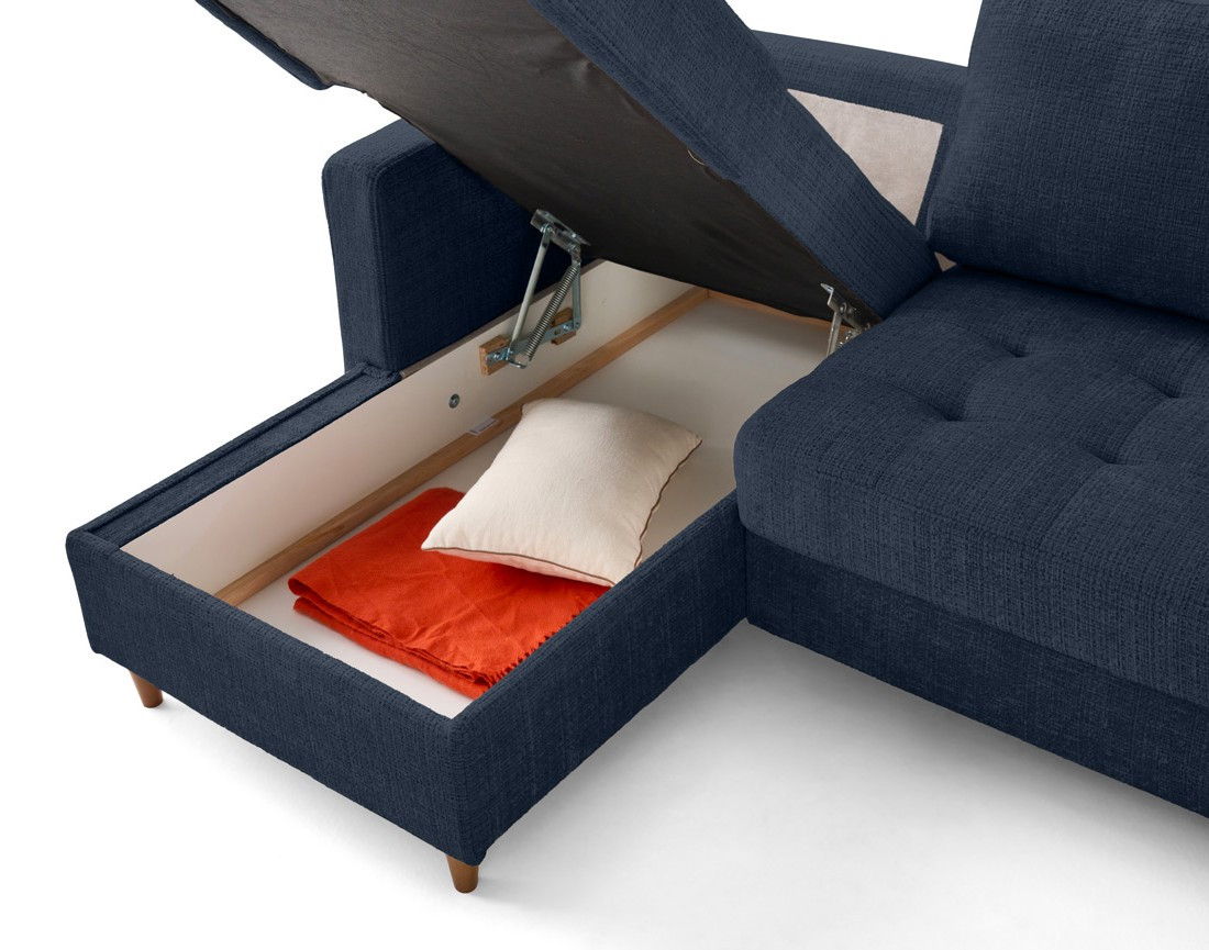 Canapé panoramique d'angle droit 7 places convertible avec coffre en velours texturé Anna