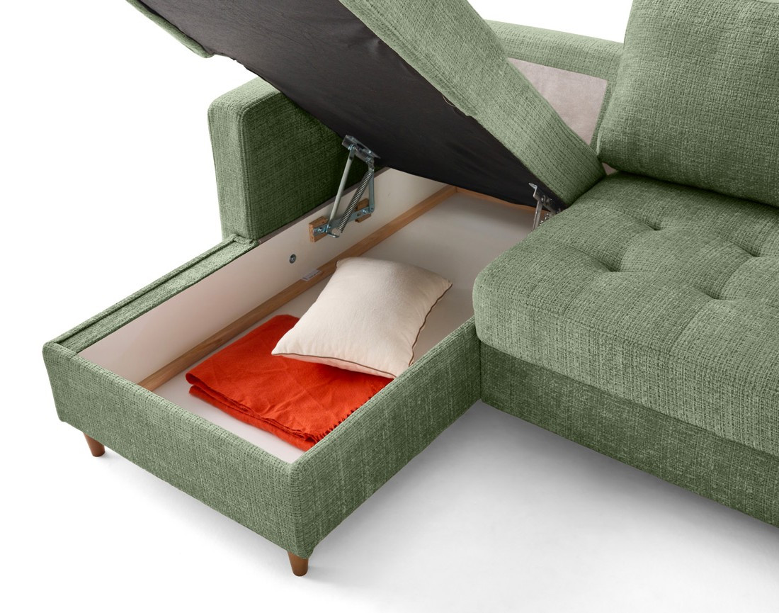 Canapé panoramique d'angle droit 7 places convertible avec coffre en velours texturé Anna