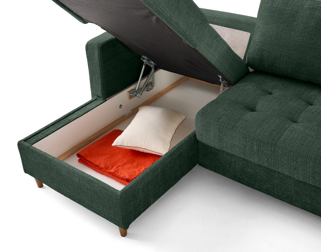 Canapé panoramique d'angle droit 7 places convertible avec coffre en velours texturé Anna