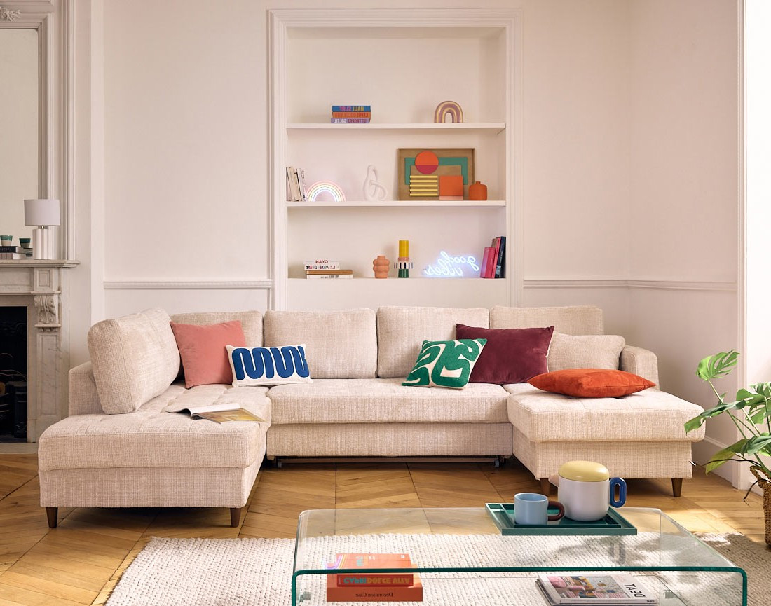 Canapé panoramique d'angle gauche 7 places convertible avec coffre en velours texturé Anna