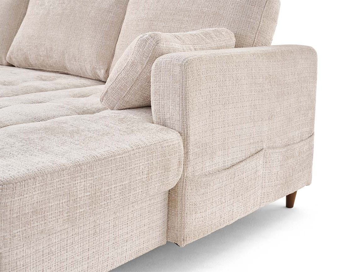 Canapé panoramique d'angle gauche 7 places convertible avec coffre en velours texturé Anna