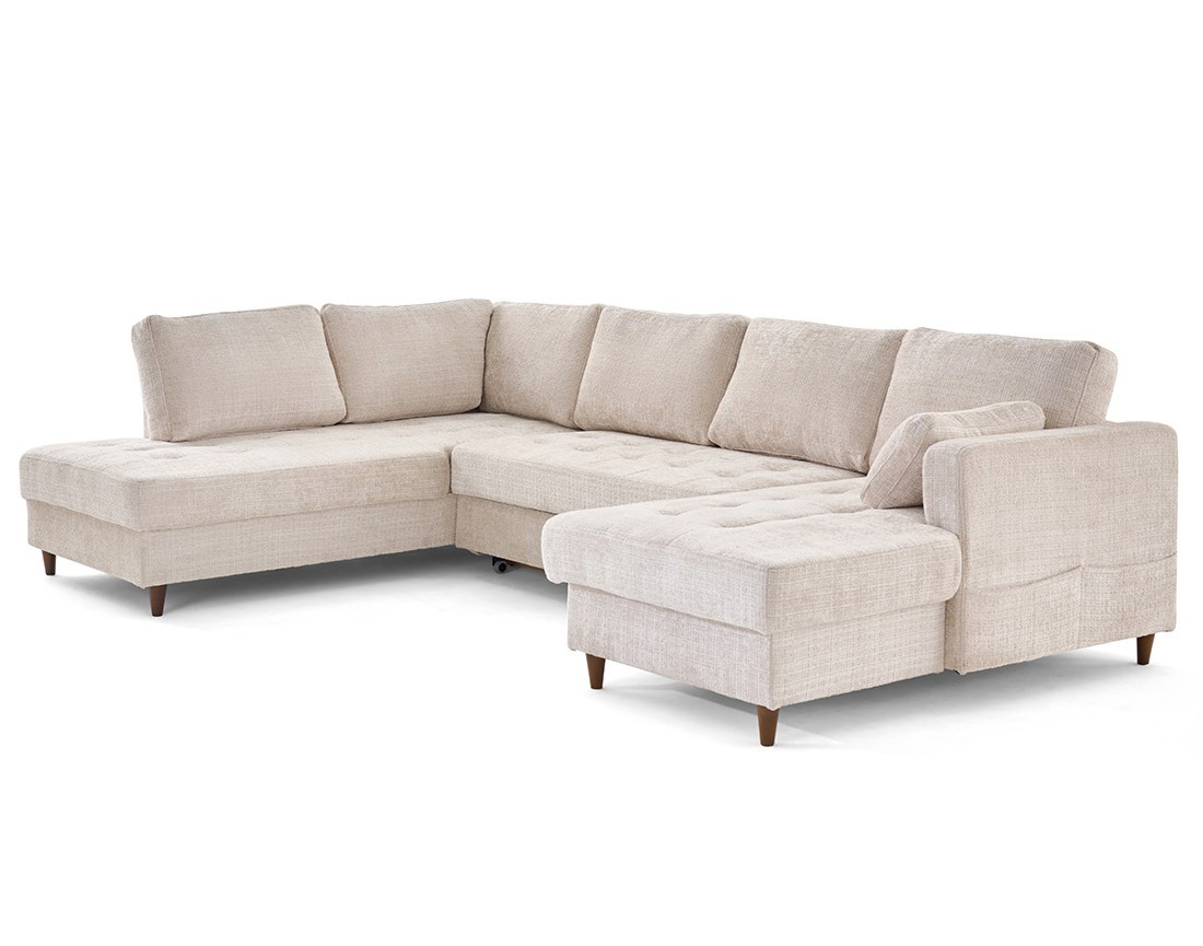 Canapé panoramique d'angle gauche 7 places convertible avec coffre en velours texturé Anna