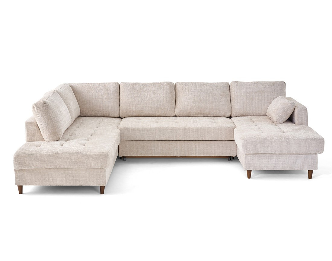 Canapé panoramique d'angle gauche 7 places convertible avec coffre en velours texturé Anna