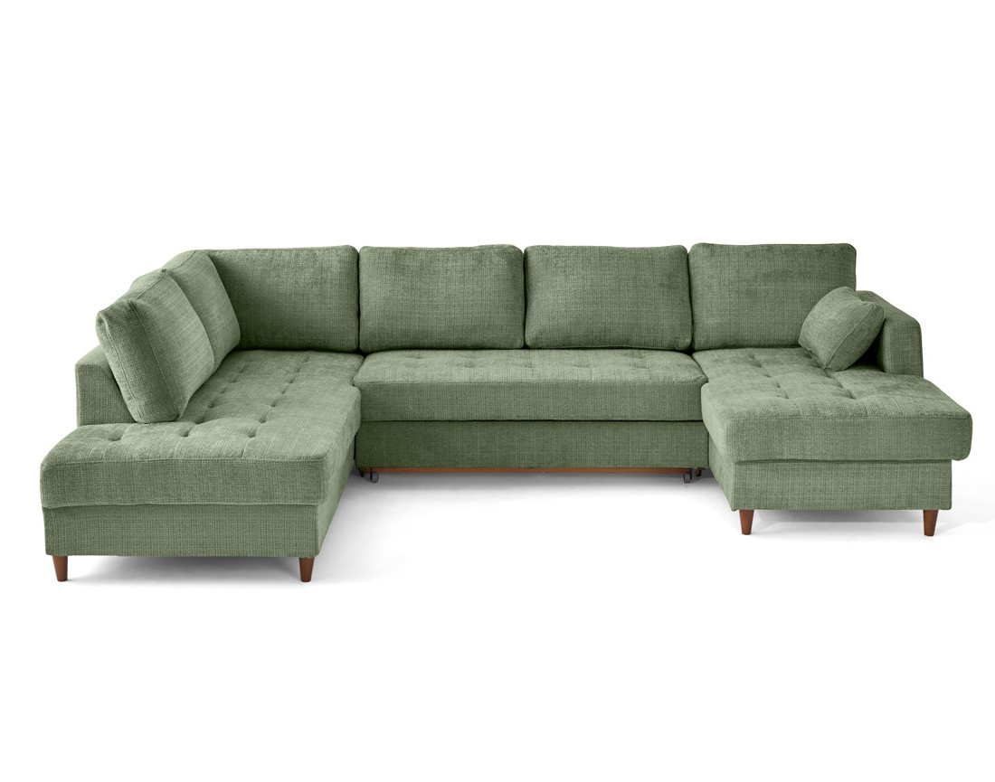 Canapé panoramique d'angle gauche 7 places convertible avec coffre en velours texturé Anna