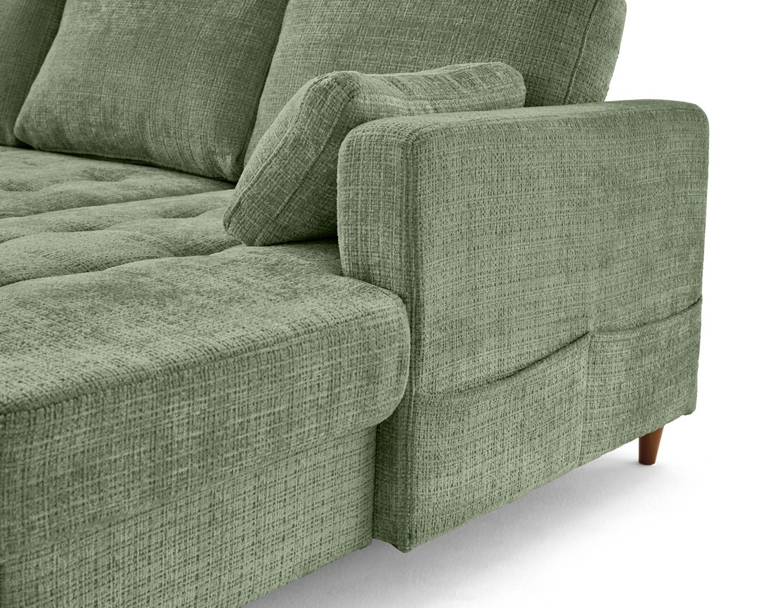 Canapé panoramique d'angle gauche 7 places convertible avec coffre en velours texturé Anna