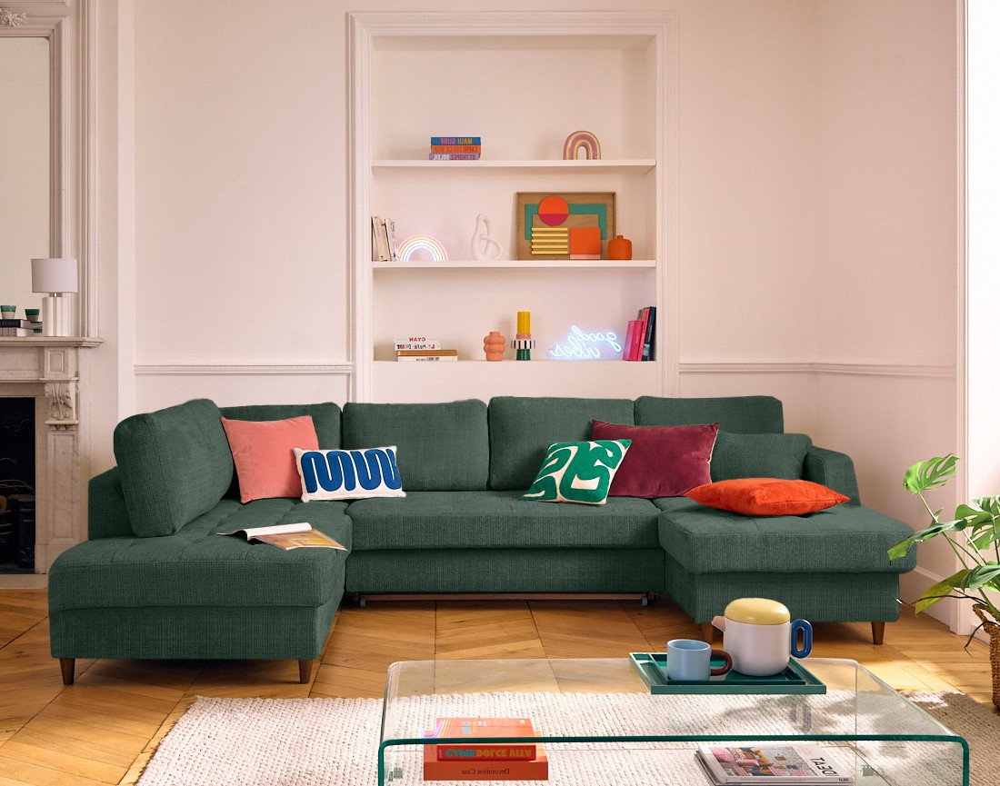 Canapé panoramique d'angle gauche 7 places convertible avec coffre en velours texturé Anna