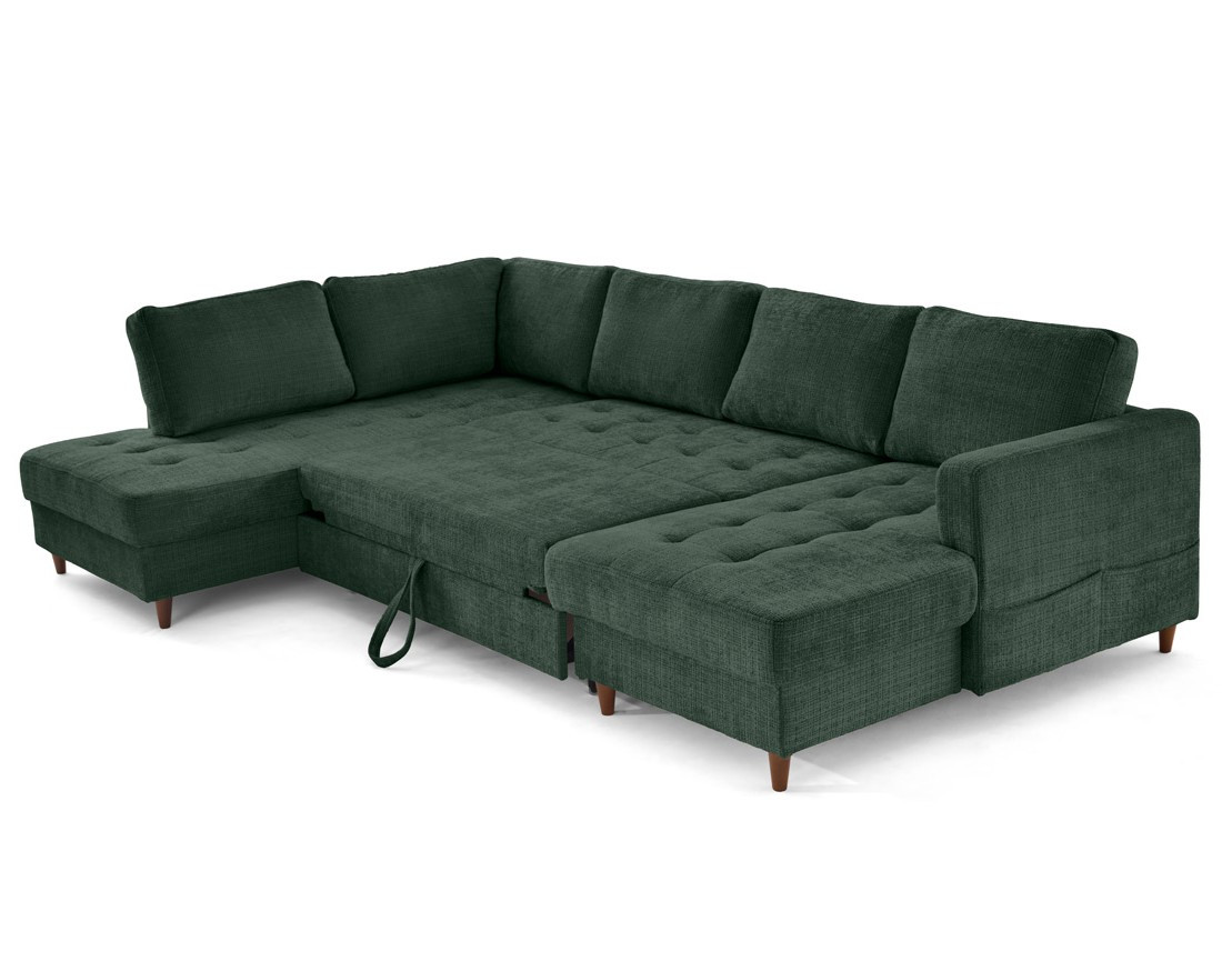 Canapé panoramique d'angle gauche 7 places convertible avec coffre en velours texturé Anna