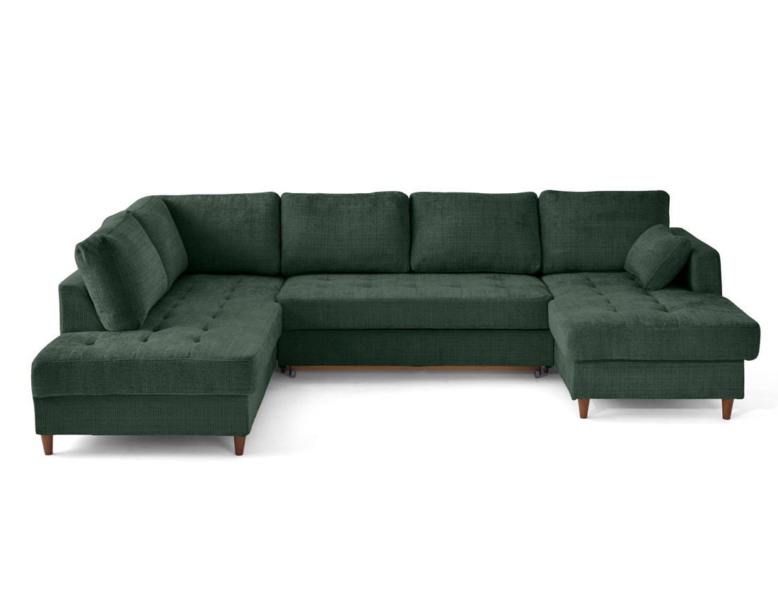 Canapé panoramique d'angle gauche 7 places convertible avec coffre en velours texturé Anna