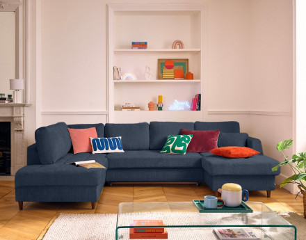 Canapé panoramique d'angle gauche 7 places convertible avec coffre en velours texturé Anna