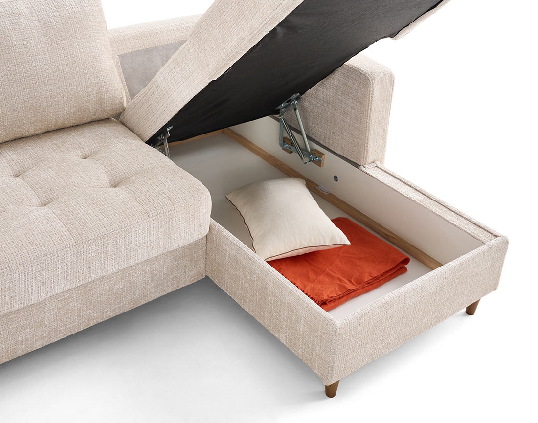 Canapé panoramique d'angle gauche 7 places convertible avec coffre en velours texturé Anna