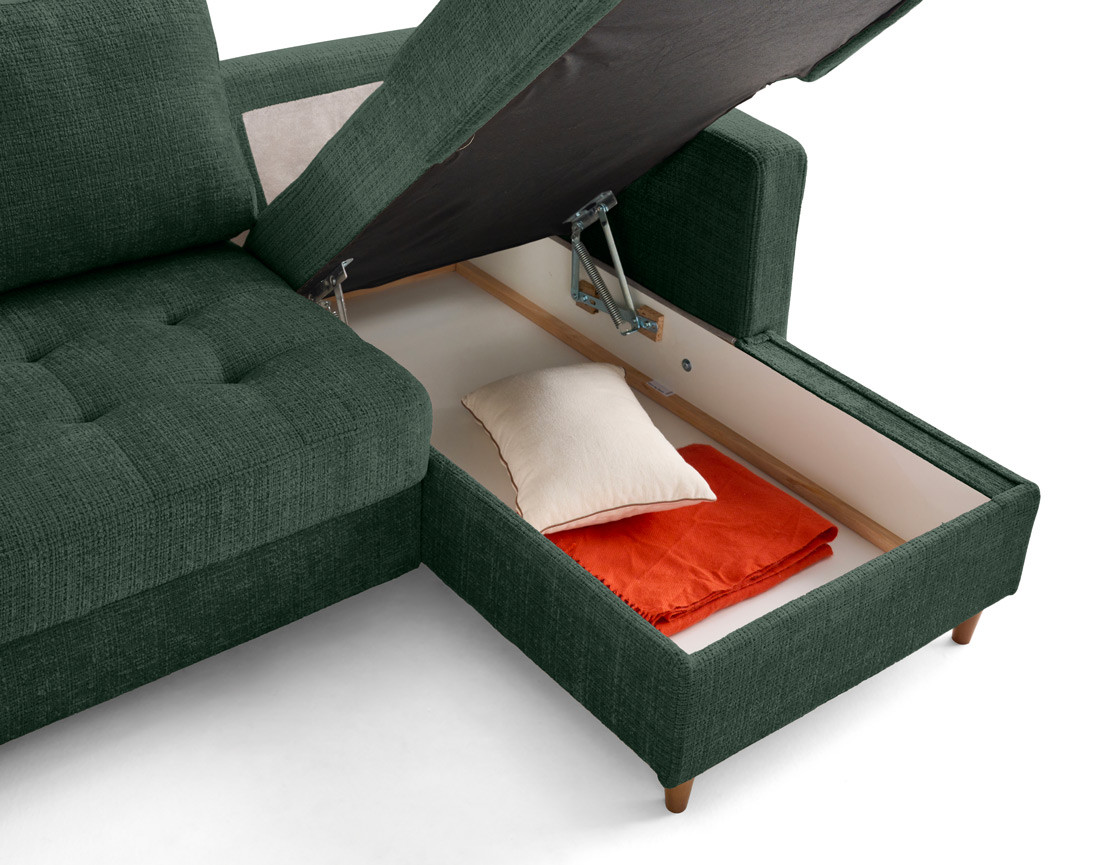 Canapé panoramique d'angle gauche 7 places convertible avec coffre en velours texturé Anna