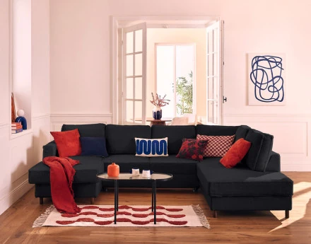 Canapé panoramique d'angle droit 7 places convertible avec coffre en fausse fourrure Jake