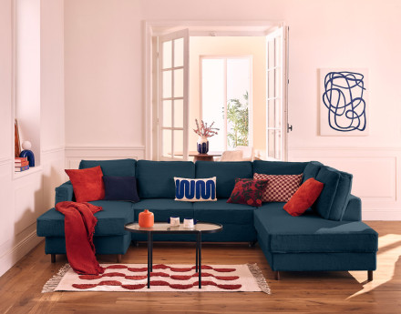 Canapé panoramique d'angle droit 7 places convertible avec coffre en fausse fourrure Jake