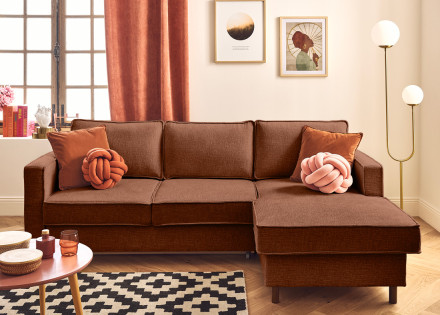 Canapé d'angle droit 4 places convertible en tissu velours relief Jake