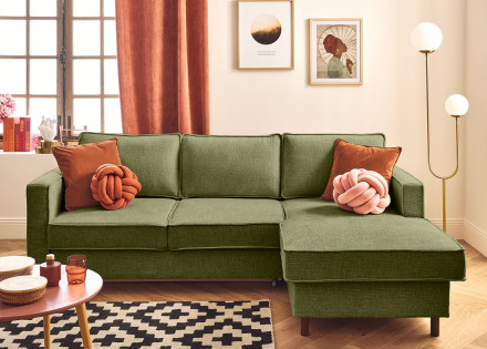 Canapé d'angle droit 4 places convertible en tissu velours relief Jake